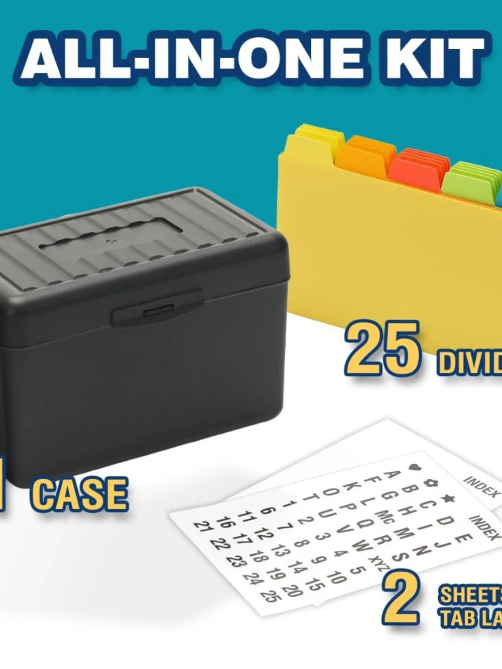 H4D Index Card Holder 3x5 Inches with 25 Plastic Dividers, Black
